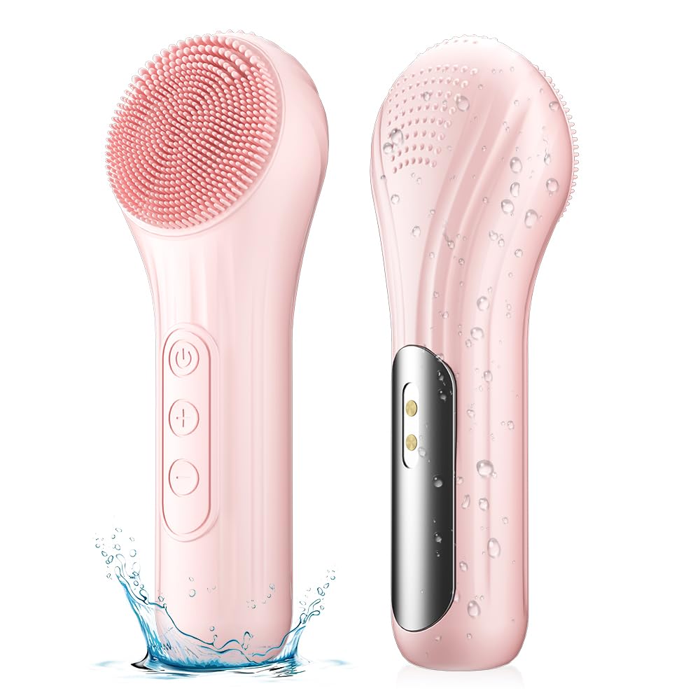 Silicone Face Scrubber Facial Cleansing Brush with Heating and Vibration Electric Waterproof Face Wash Brush with 5 Strength Adjustable for Exfoliating Deep Cleaning and Face Massaging (Pink) My Store