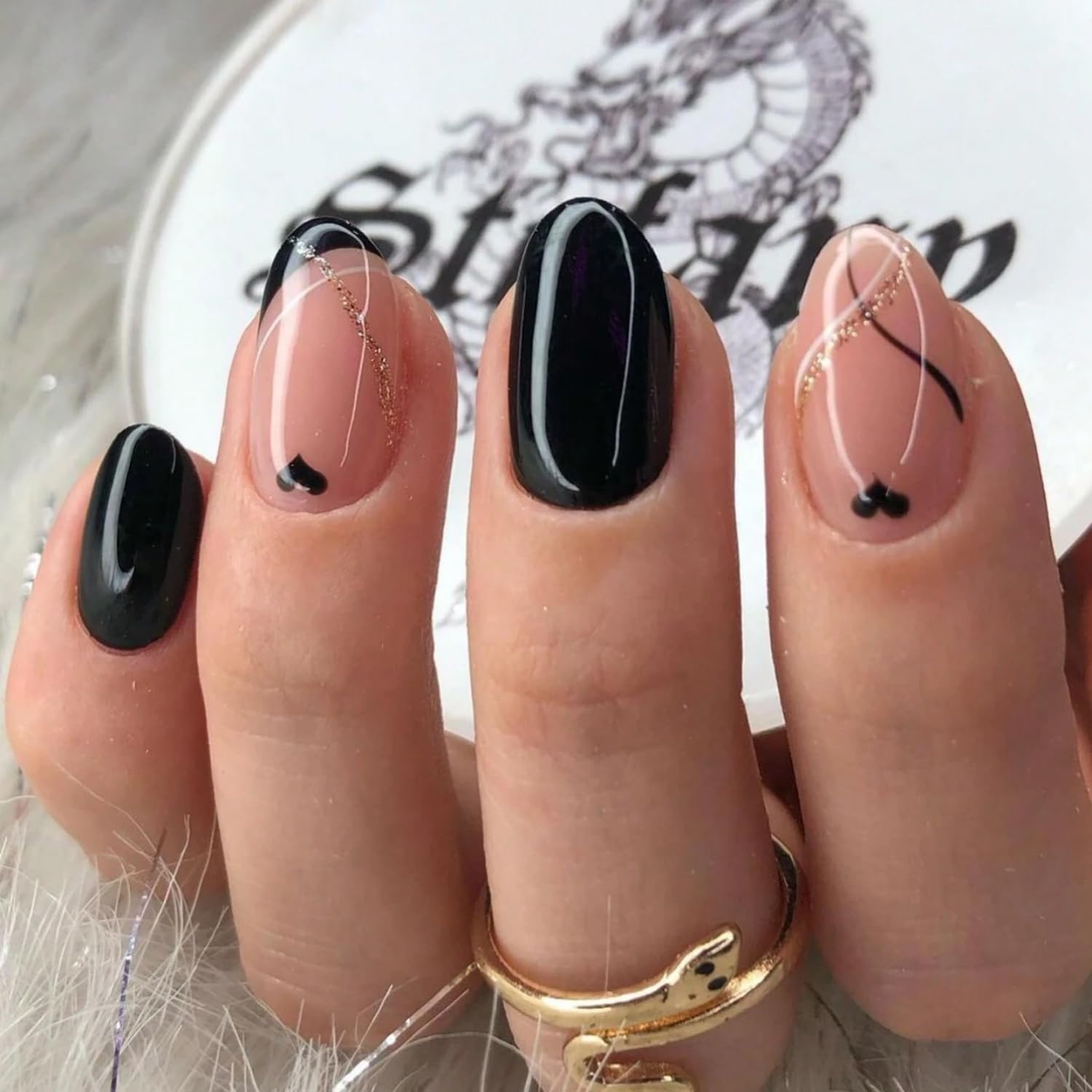 Valentines Day Press on Nails Short Almond Black Fake Nails Short French Tip False Nails with Black Heart Designs Acrylic Nails Valentines Glue on Nails Glossy Short Stick on Nails 24Pcs My Store