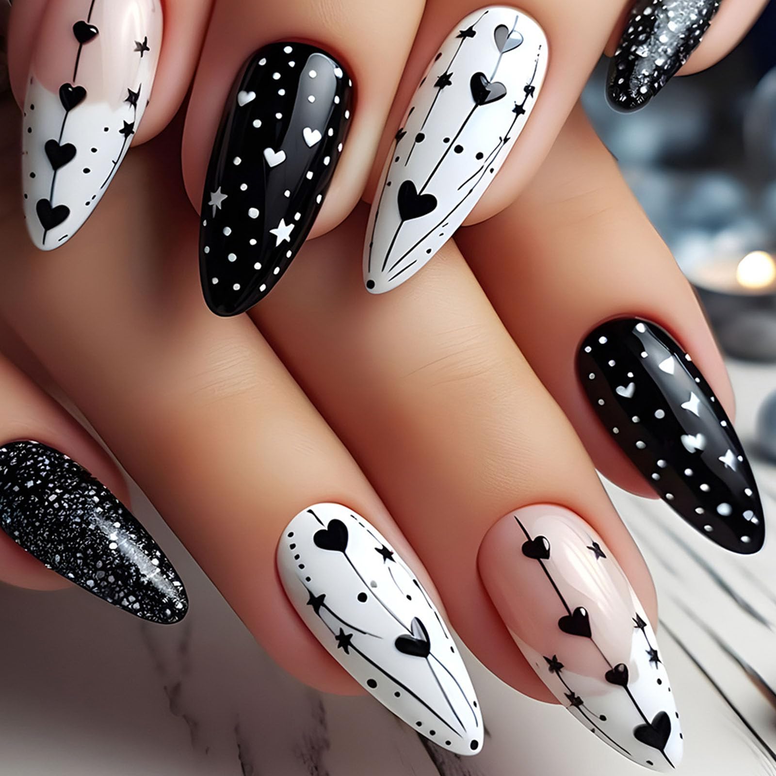 Valentines Day Press on Nails Medium Almond Fake Nails with Heart Designs White French Tip Nails Press ons Glossy Glue on Nails Black False Nails Valentines Stick on Nails for Women 24Pcs My Store