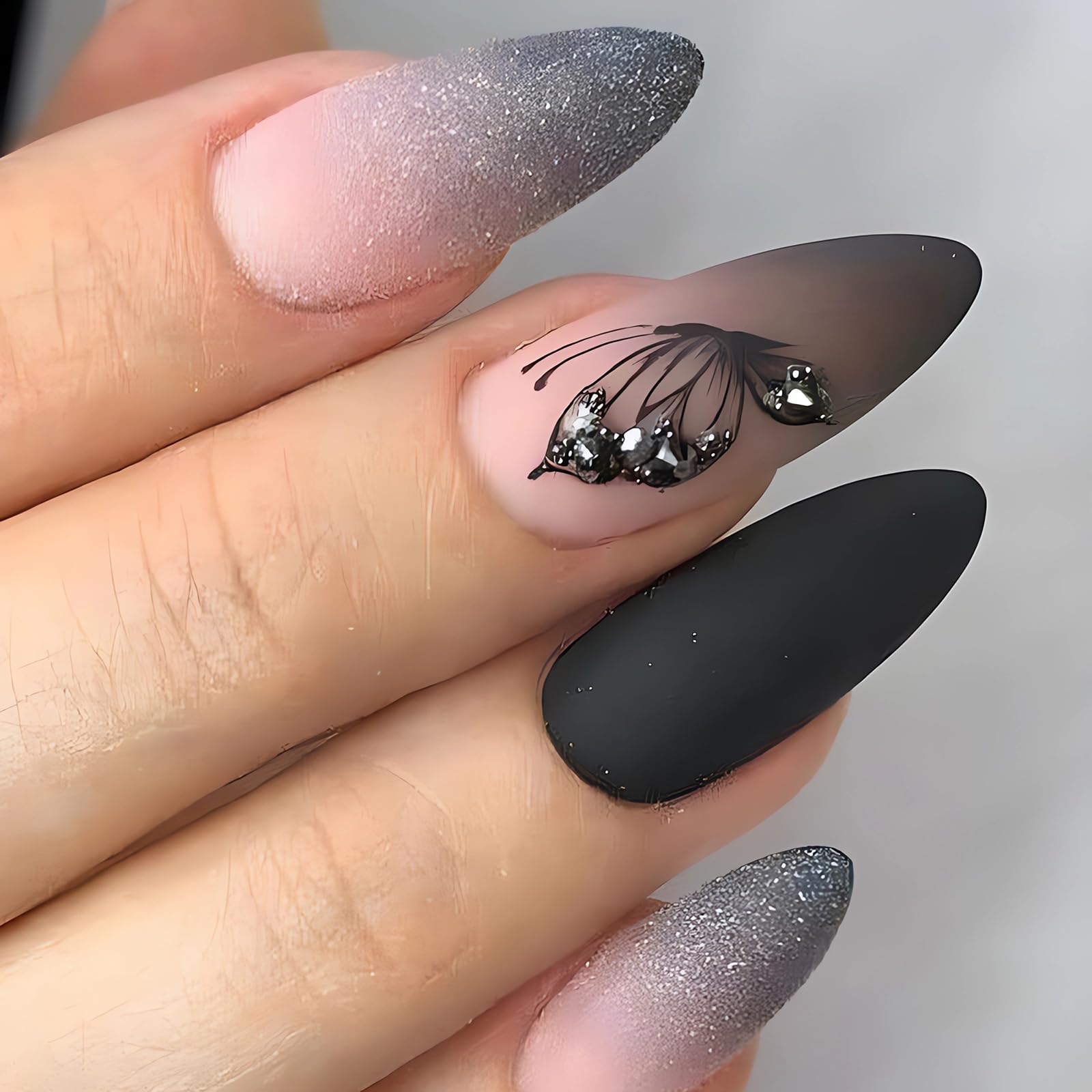Black Press on Nails Almond Medium Fake Nails with 3D Butterfly Designs Glossy French Tip Acrylic Nails Press ons Gradient Artificial Nails Cute Stick on Nails Almond French Glue on Nails for Women My Store