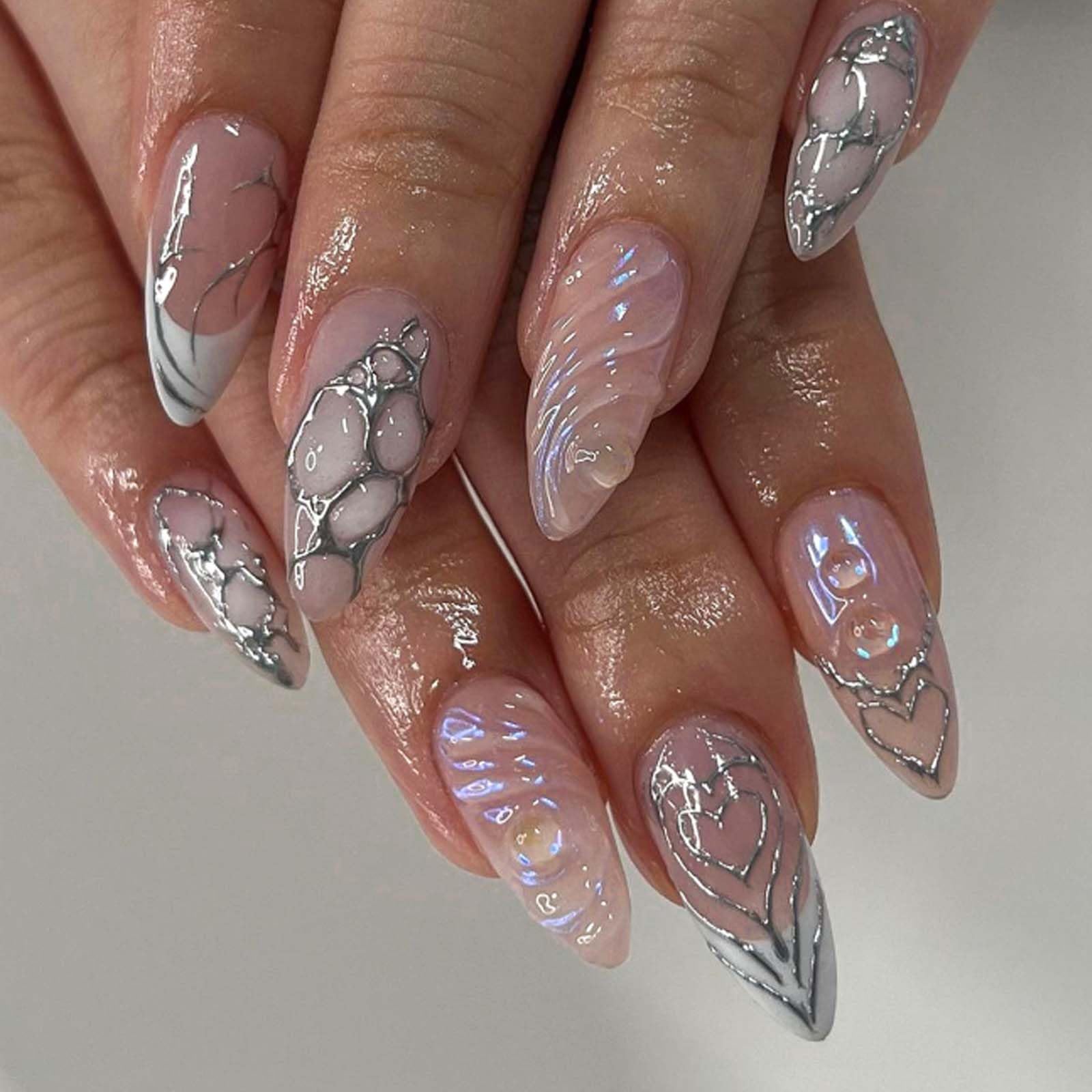 DANMANR French Fake Nails Medium Silver Press on Stiletto Nails Full Cover heart Acrylic Fake Nails for Women and Girls 24PCS My Store