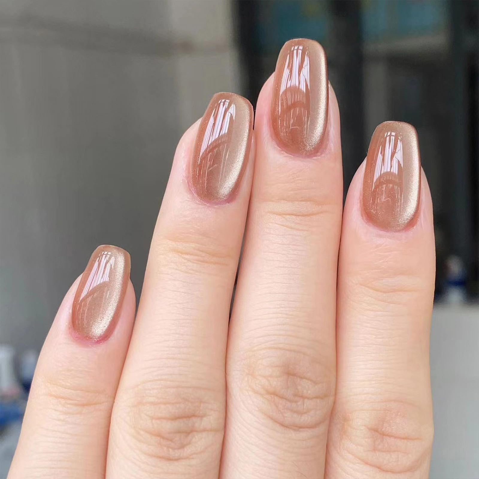 Press on Nails Short Cat Eye Fake Nails Glossy Nude Fake Nails Press ons Square Glitter Acrylic Nails Full Cover Glue on Nails Nature Stick on Nails for Women Girls 24Pcs My Store