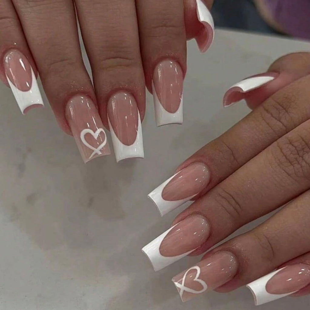 White Press on Nails Coffin Fake Nails with Designs Glossy Heart Nails Press on Acrylic Nails French Tip Glue on Nails Medium Length Static Nails Square False Nails Valentines Stick on Nails for Women My Store