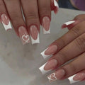 White Press on Nails Coffin Fake Nails with Designs Glossy Heart Nails Press on Acrylic Nails French Tip Glue on Nails Medium Length Static Nails Square False Nails Valentines Stick on Nails for Women My Store