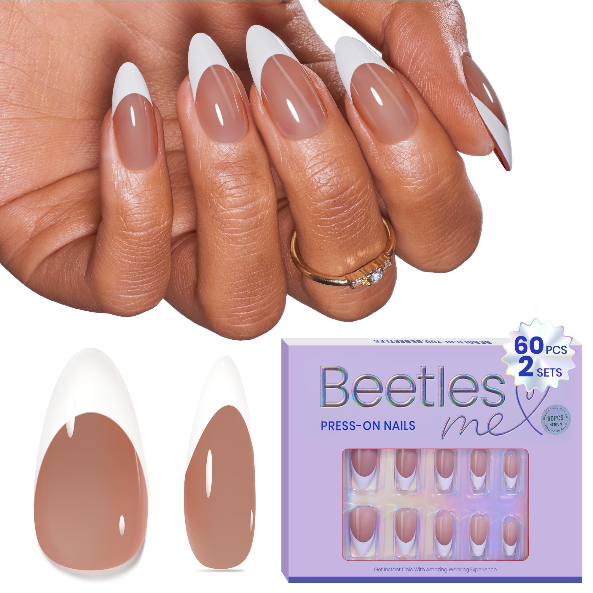 Beetles French Tip Press On Nails Almond Press On Nails Medium Press On Nails Almond Supremely Fit & Natural Glue On Nails Brown Glue On Nails in 15 Sizes My Store