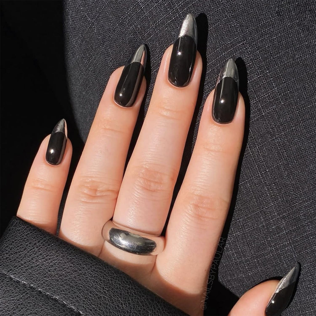 Silver French Tip Glue on Nails Long Almond Black Press on Nails Glossy Acrylic False Nails Artificial Fake Stick on Nails for Women Girls My Store