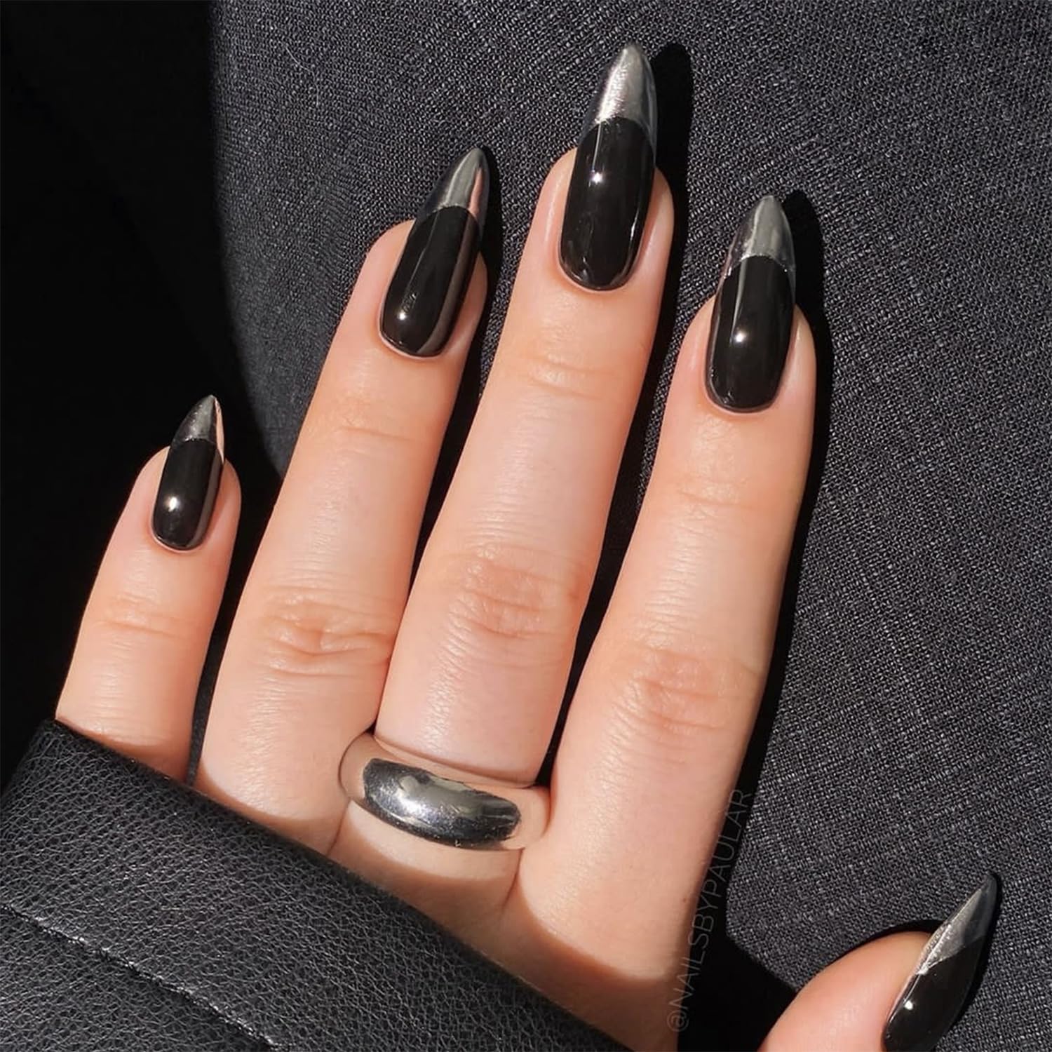 Silver French Tip Glue on Nails Long Almond Black Press on Nails Glossy Acrylic False Nails Artificial Fake Stick on Nails for Women Girls My Store