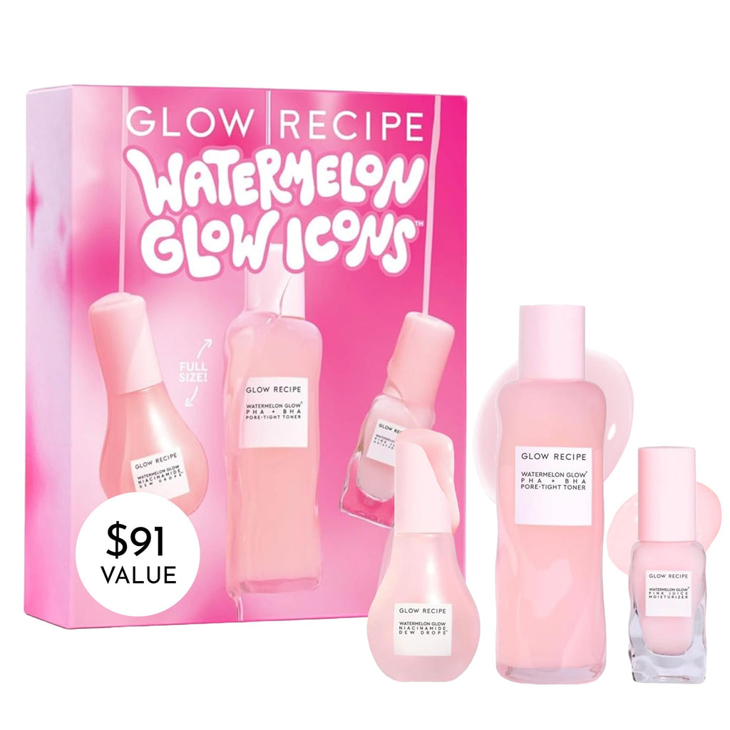 Glow Recipe Watermelon Glow Icons Skin Care Gift Set - Niacinamide Dew Drops Face Serum + PHA + BHA Pore Minimizing Toner with Hyaluronic Acid + Pink Juice Facial Moisturizer (3 Count) My Store