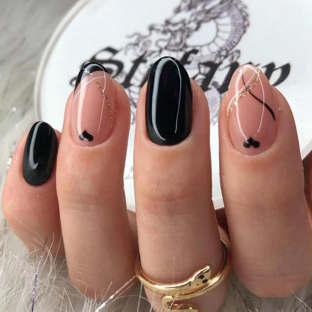 Valentines Day Press on Nails Short Almond Black Fake Nails Short French Tip False Nails with Black Heart Designs Acrylic Nails Valentines Glue on Nails Glossy Short Stick on Nails 24Pcs My Store